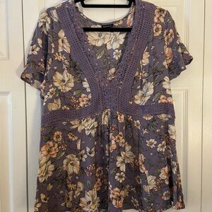 Purple Floral Lace Trim Top
